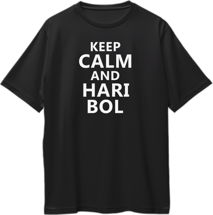 Black Keep Calm And Hari Bol oversized T-shirt with Krishna devotional text print by Garrari