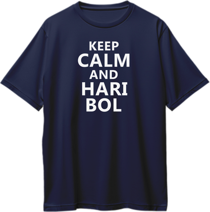 Navy Blue Keep Calm And Hari Bol oversized T-shirt with Hari Bol bhakti design by Garrari
