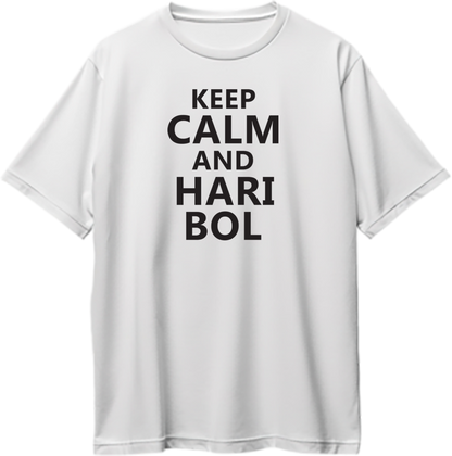 White Keep Calm And Hari Bol oversized T-shirt with bold red Krishna devotional print by Garrari