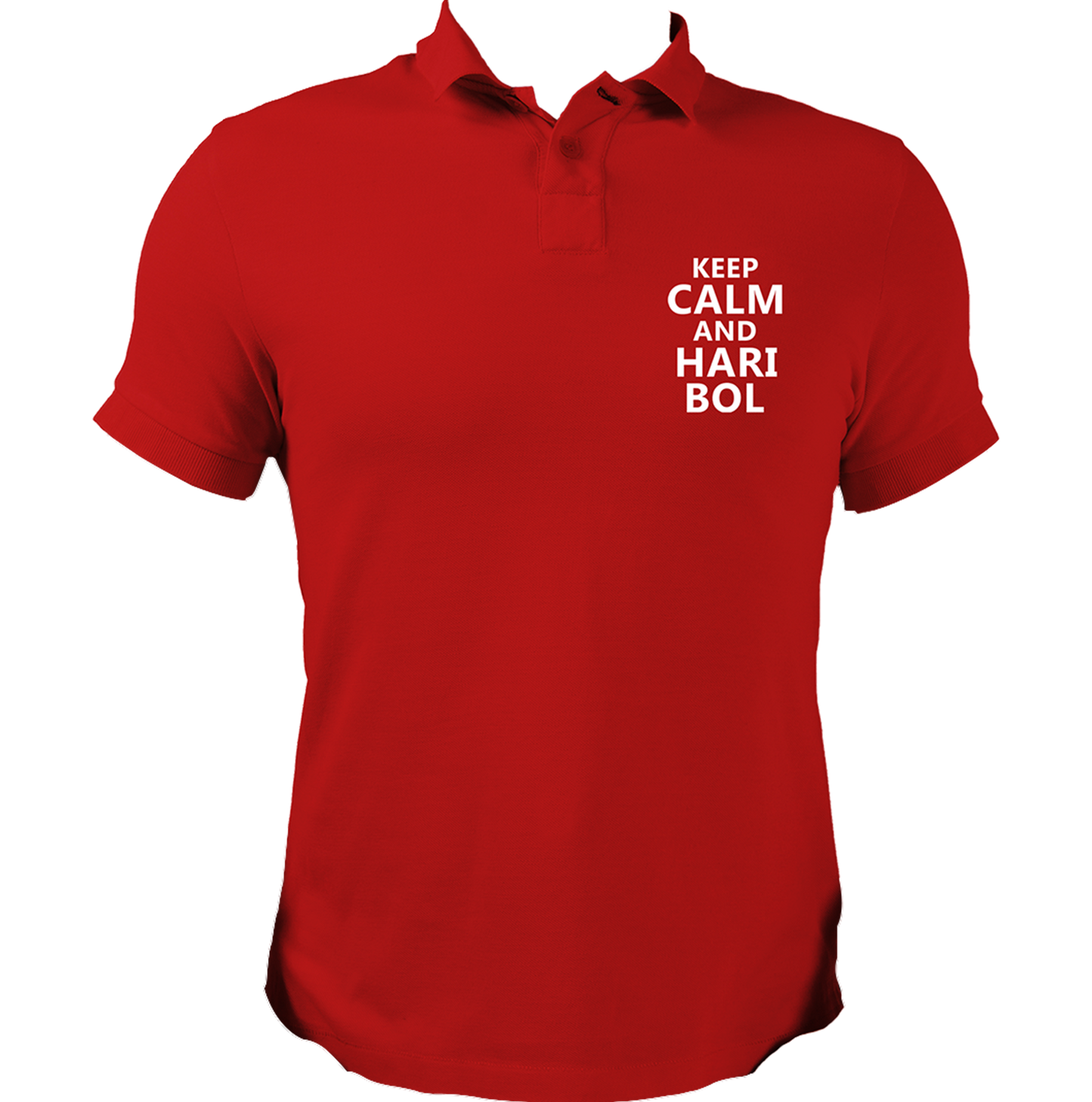 Red Keep Calm And Hari Bol polo T-shirt with small white chest print by Garrari