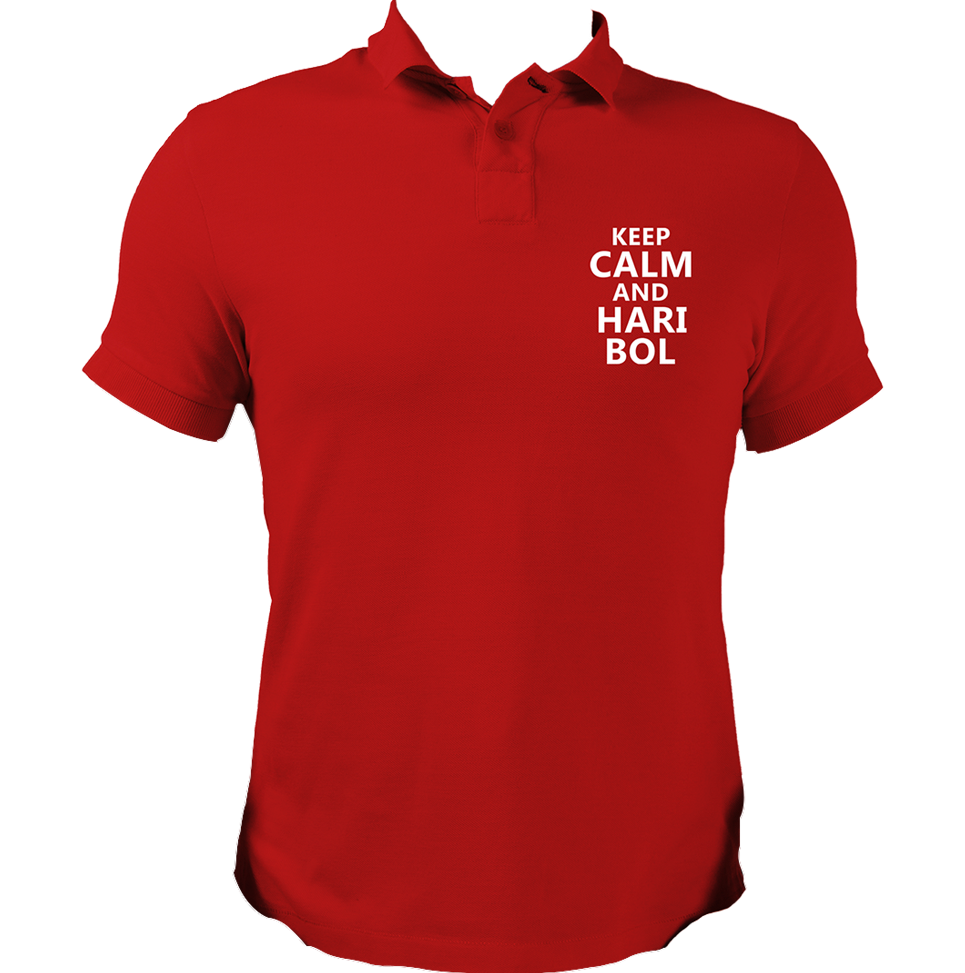 Red Keep Calm And Hari Bol polo T-shirt with small white chest print by Garrari