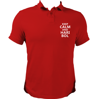 Red Keep Calm And Hari Bol polo T-shirt with small white chest print by Garrari
