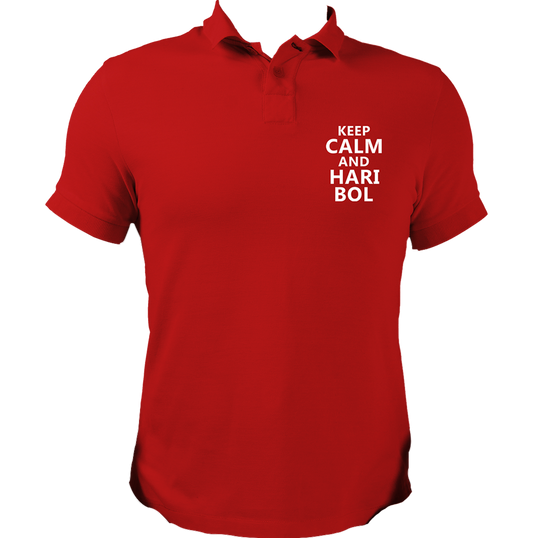 Red Keep Calm And Hari Bol polo T-shirt with small white chest print by Garrari