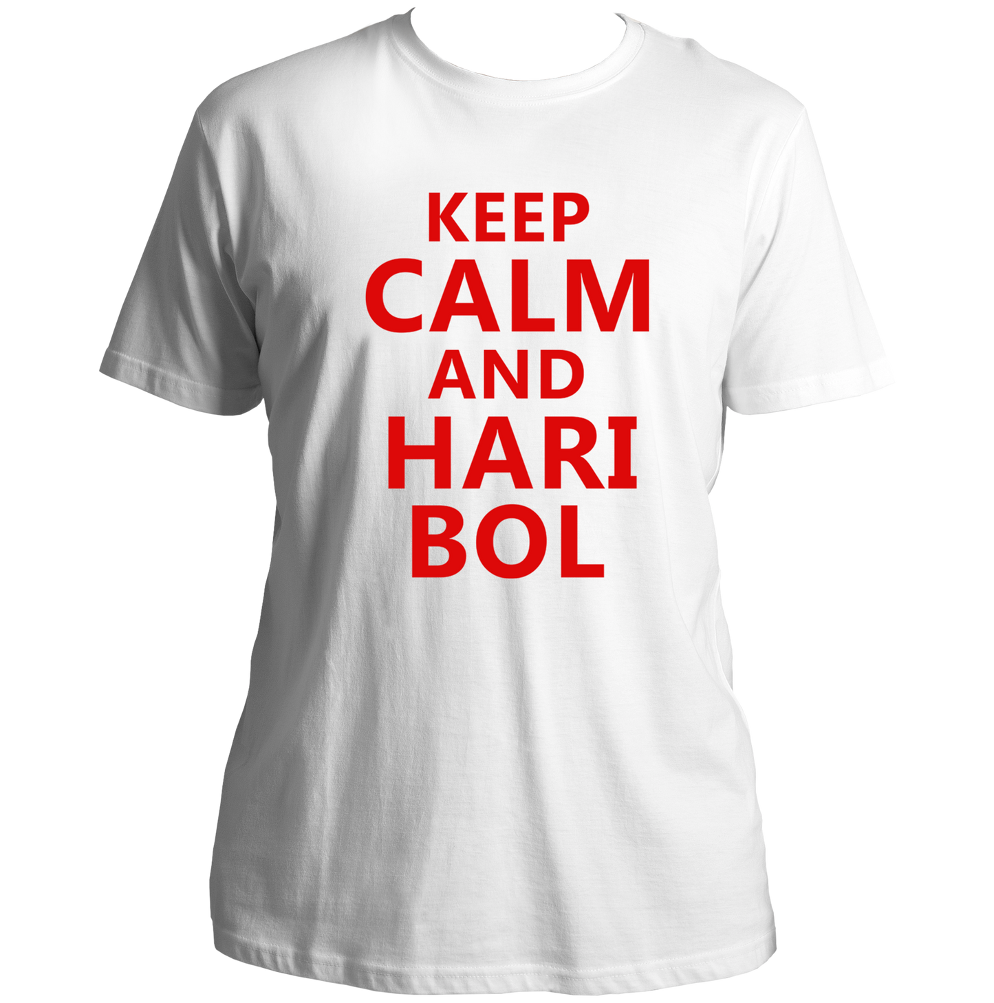 White Keep Calm And Hari Bol T-shirt with red Krishna devotional text print by Garrari