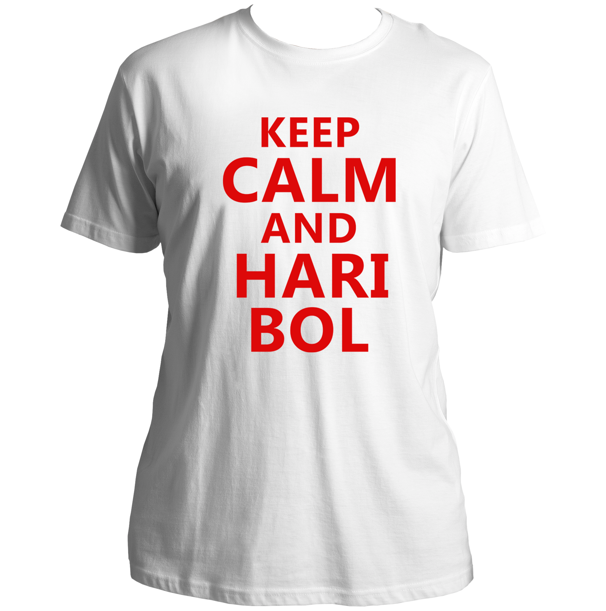 White Keep Calm And Hari Bol T-shirt with red Krishna devotional text print by Garrari