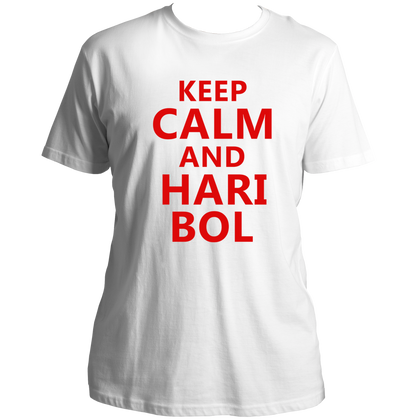 White Keep Calm And Hari Bol T-shirt with red Krishna devotional text print by Garrari