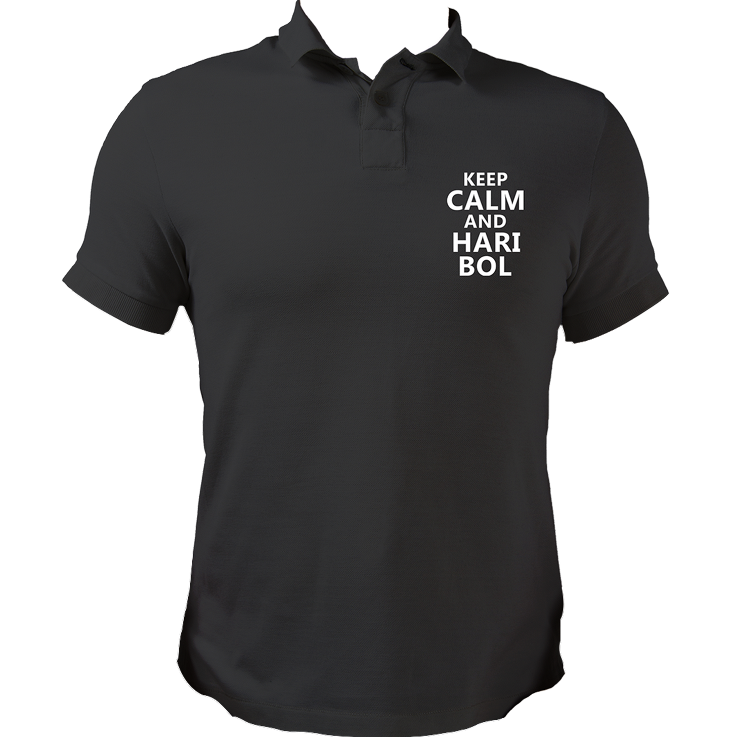 Black Keep Calm And Hari Bol polo T-shirt with Krishna devotional chest print by Garrari
