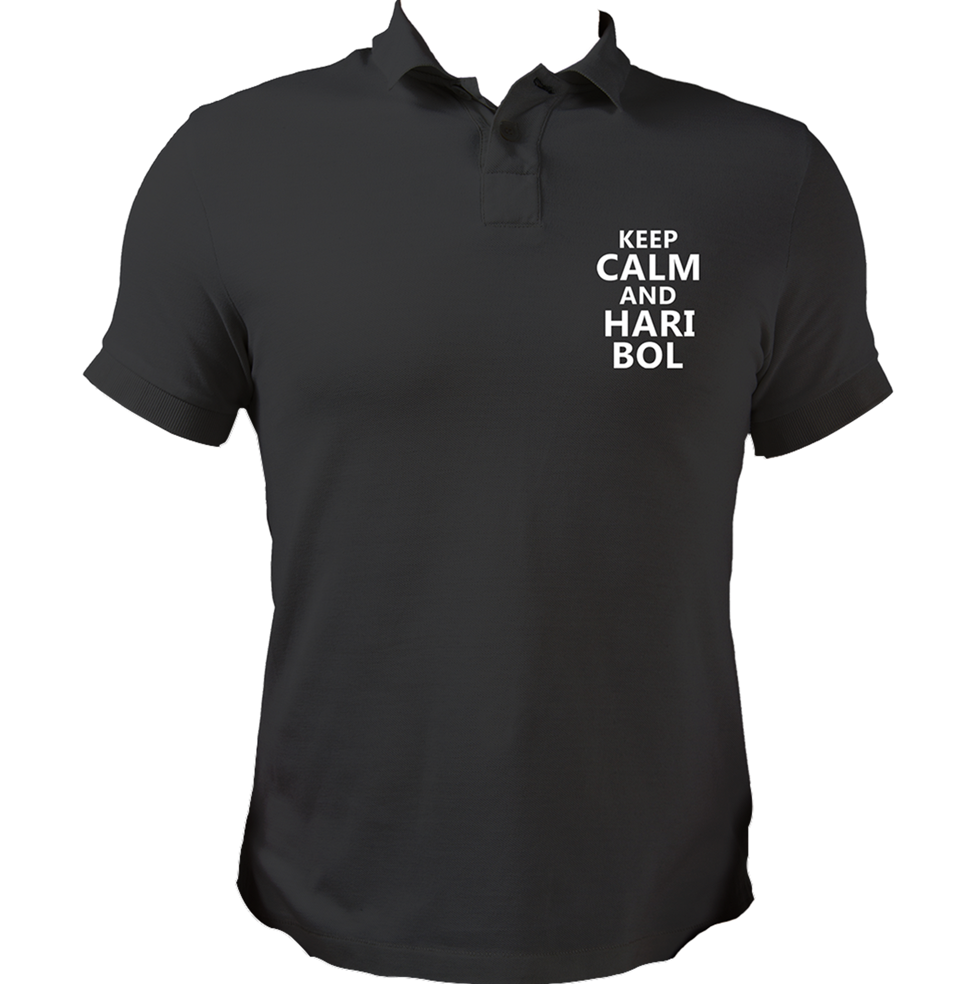 Black Keep Calm And Hari Bol polo T-shirt with Krishna devotional chest print by Garrari