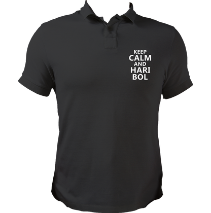 Black Keep Calm And Hari Bol polo T-shirt with Krishna devotional chest print by Garrari