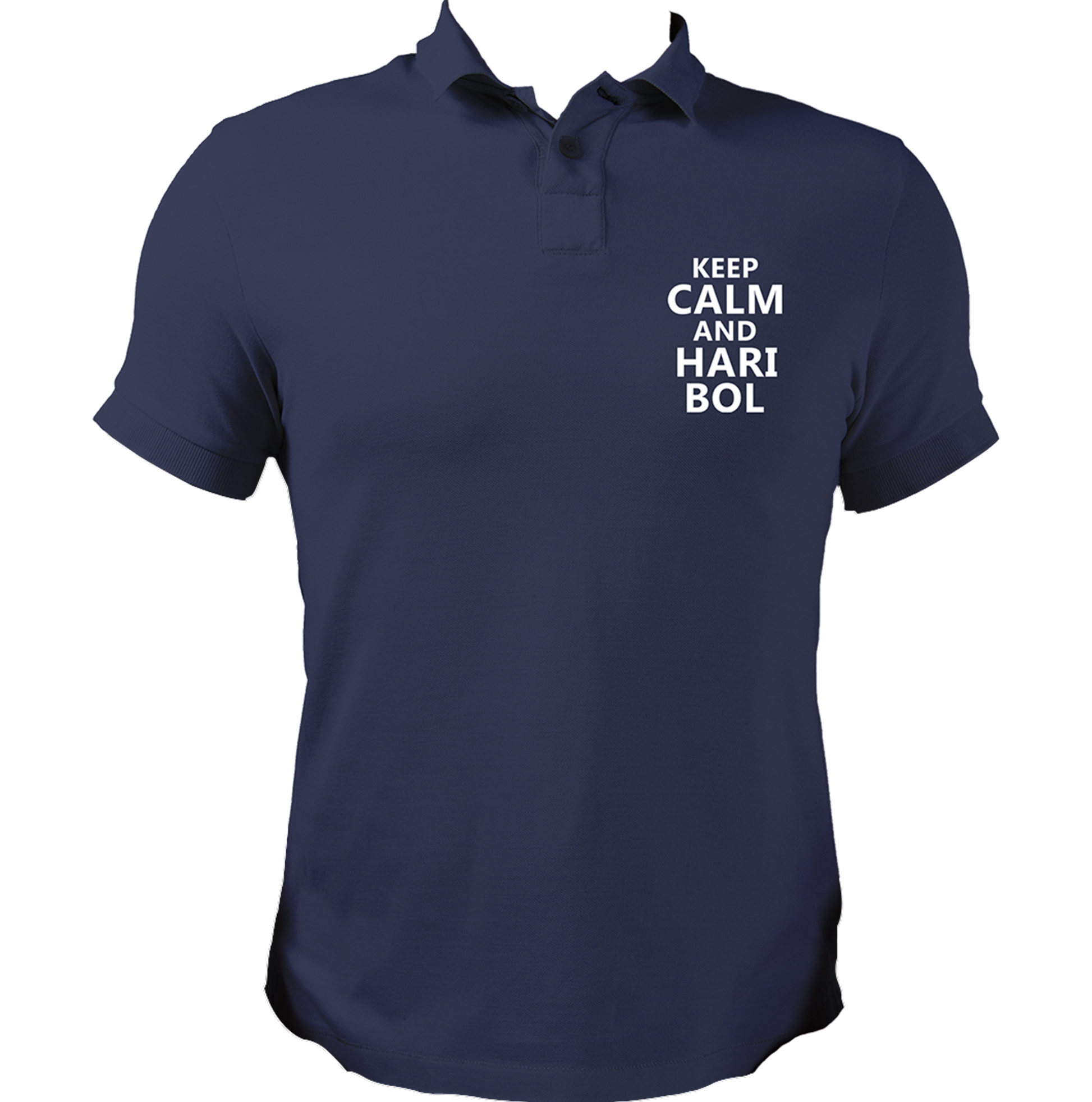 Navy Blue Keep Calm And Hari Bol polo T-shirt with small chest devotional print by Garrari