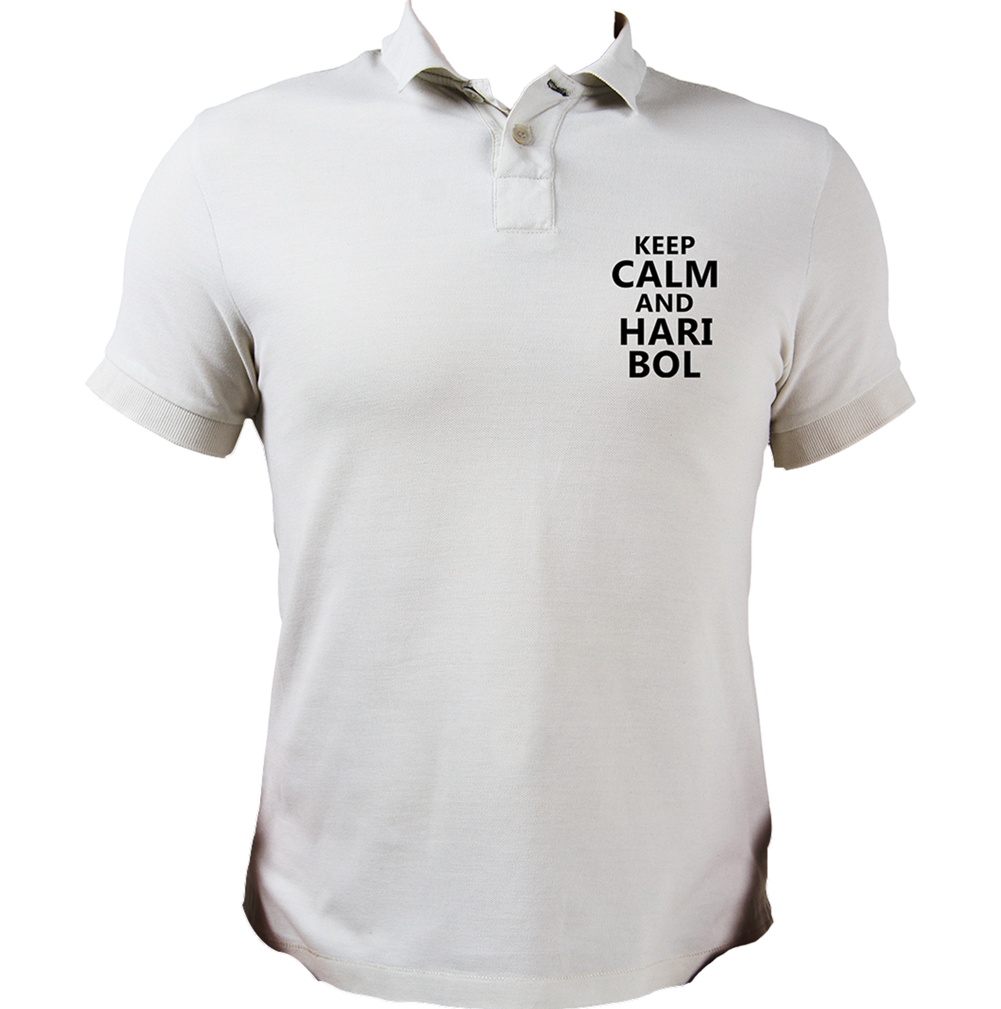 White Keep Calm And Hari Bol polo T-shirt with Krishna bhakti text print by Garrari