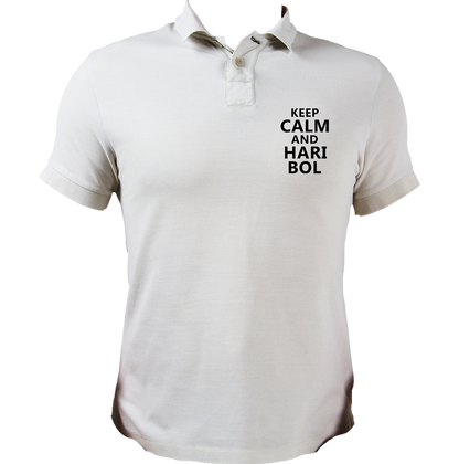 White Keep Calm And Hari Bol polo T-shirt with Krishna bhakti text print by Garrari