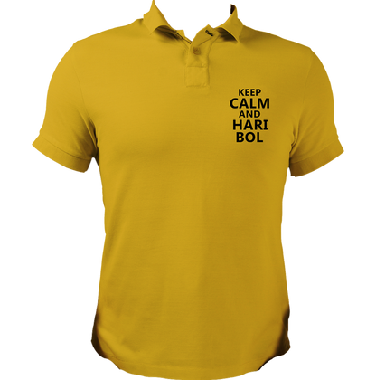 Yellow Keep Calm And Hari Bol polo T-shirt with small Hari Bol chest design by Garrari