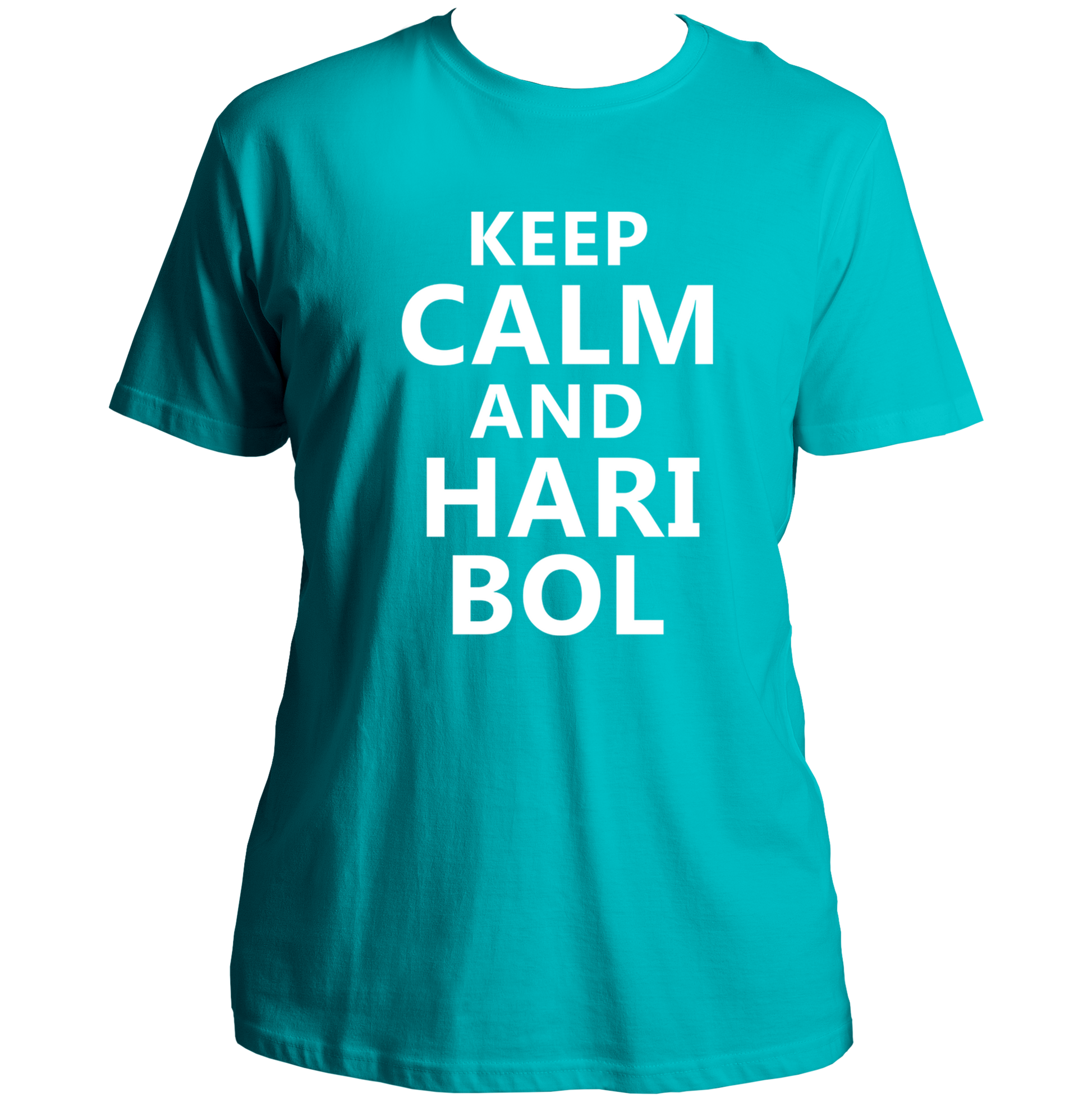 Aqua Blue Keep Calm And Hari Bol T-shirt with Hari Bol bhakti print by Garrari