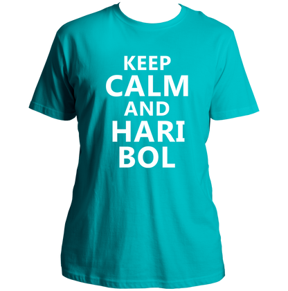 Aqua Blue Keep Calm And Hari Bol T-shirt with Hari Bol bhakti print by Garrari