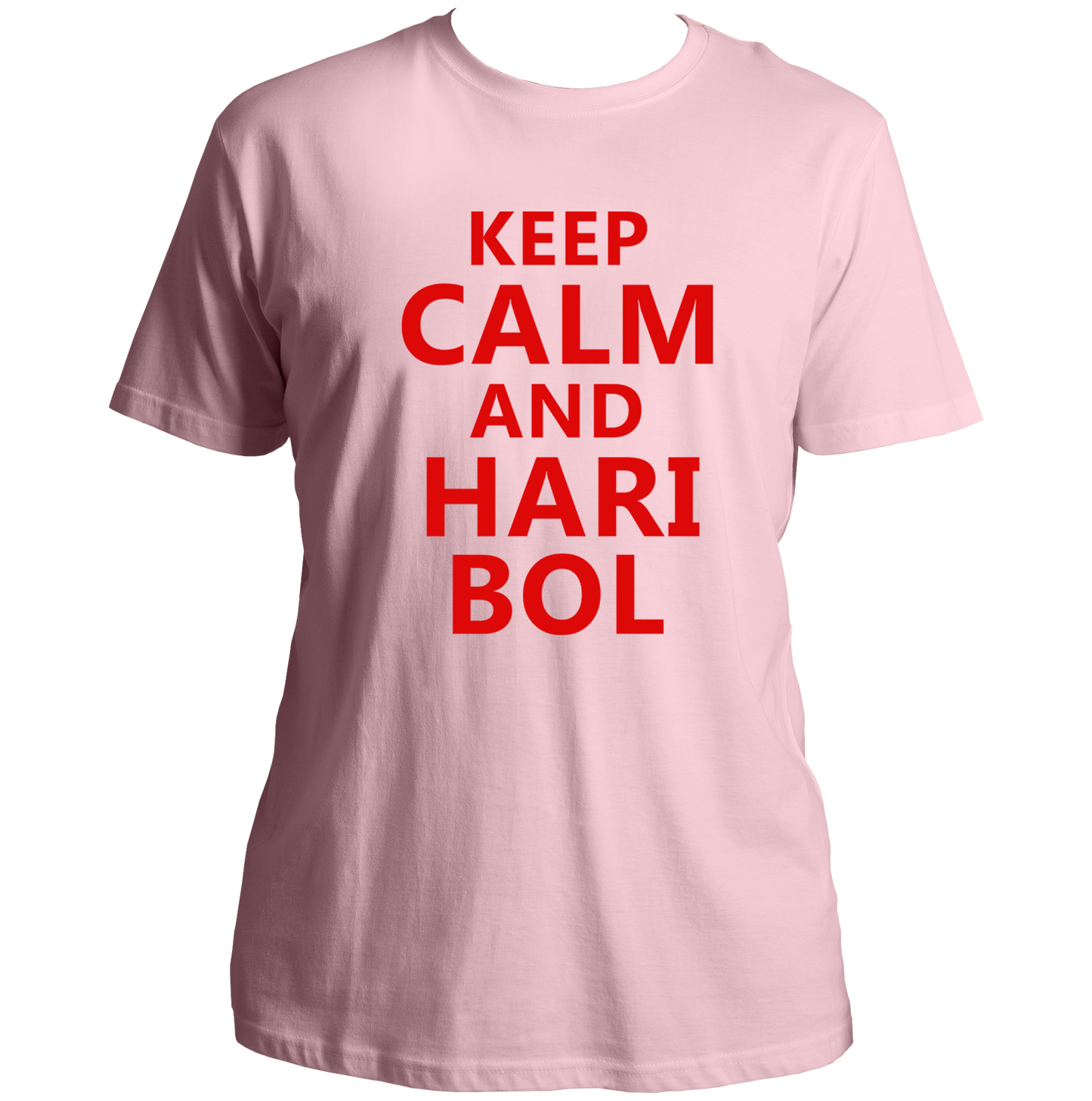 Baby Pink Keep Calm And Hari Bol T-shirt with Krishna devotional typography by Garrari