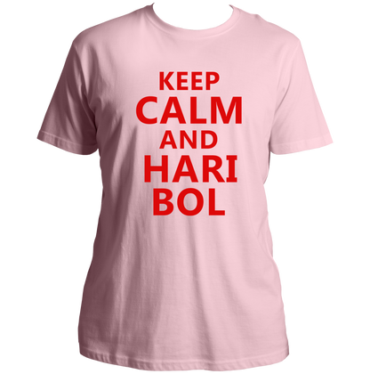 Baby Pink Keep Calm And Hari Bol T-shirt with Krishna devotional typography by Garrari