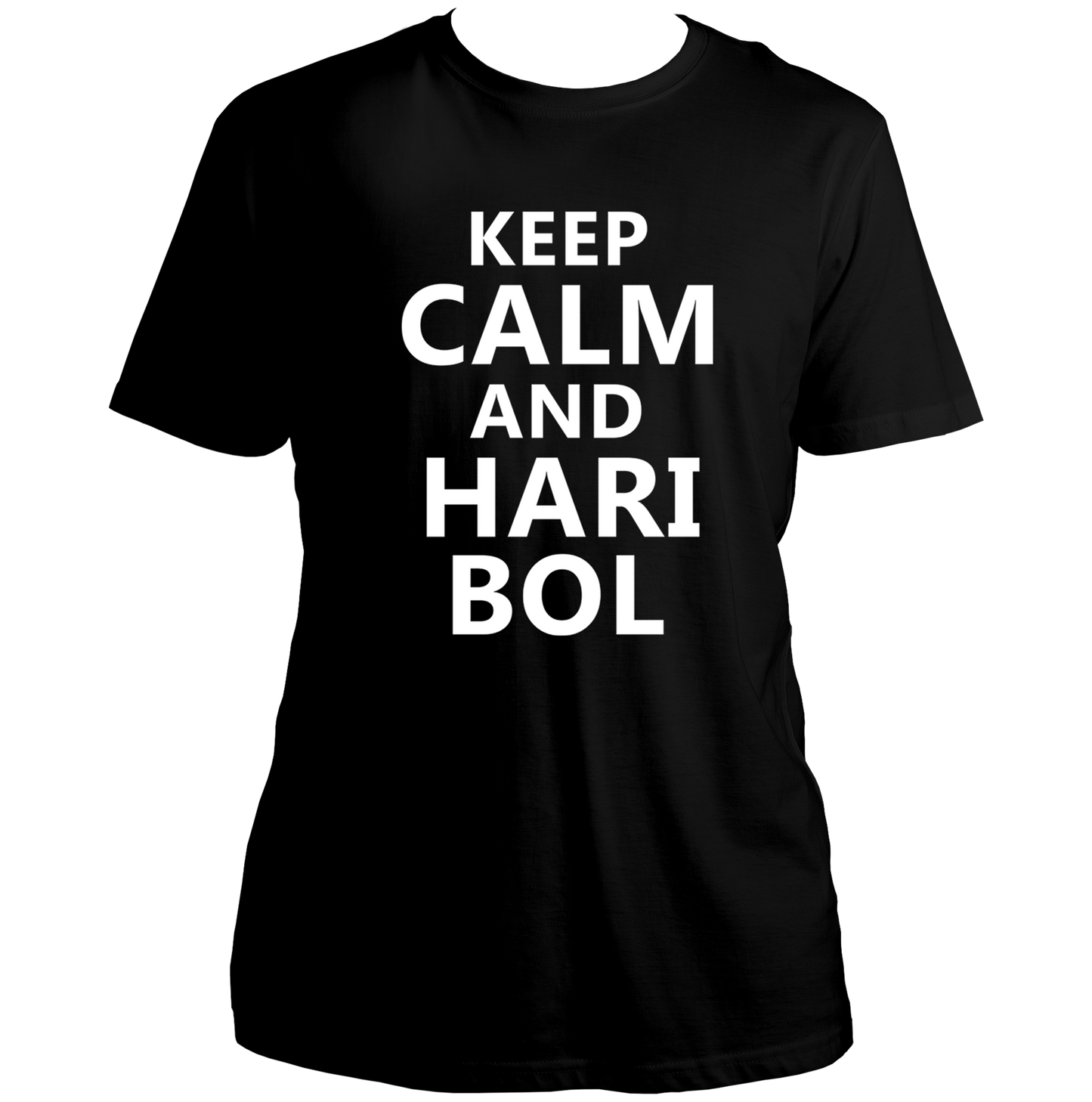 Black Keep Calm And Hari Bol T-shirt with bold Hari Bol text print by Garrari