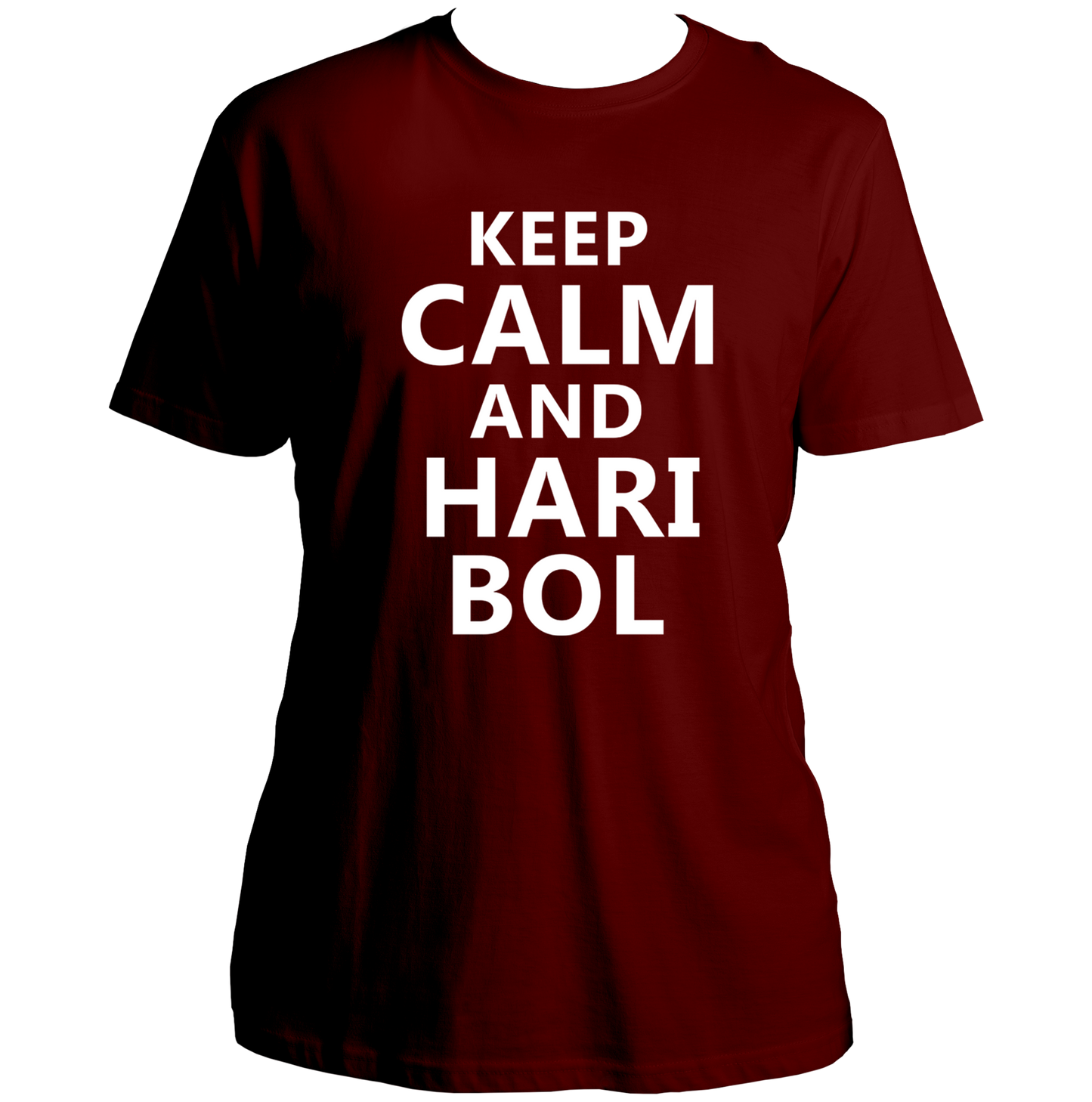 Maroon Keep Calm And Hari Bol T-shirt with Krishna bhakti design by Garrari