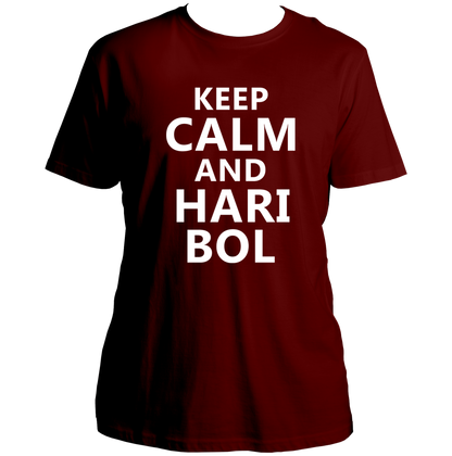 Maroon Keep Calm And Hari Bol T-shirt with Krishna bhakti design by Garrari