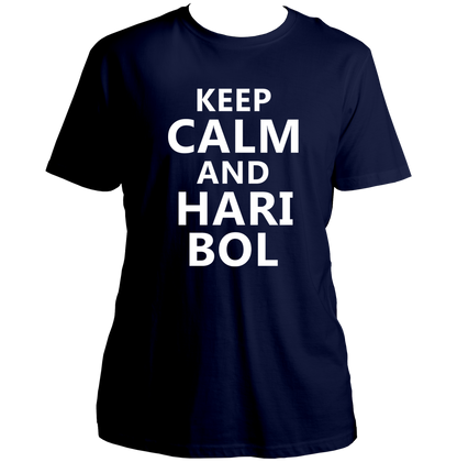 Navy Blue Keep Calm And Hari Bol T-shirt with Hari Bol devotional print by Garrari