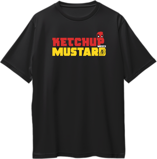 "Oversized unisex t-shirt featuring Deadpool and Wolverine with the tagline 'Ketchup meets Mustard,' perfect for fans of their chaotic chemistry."