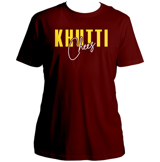 Maroon Khutti Cheez Diljit Dosanjh Unisex T-Shirt by Garrari with yellow KHUTTI and white Cheez typography