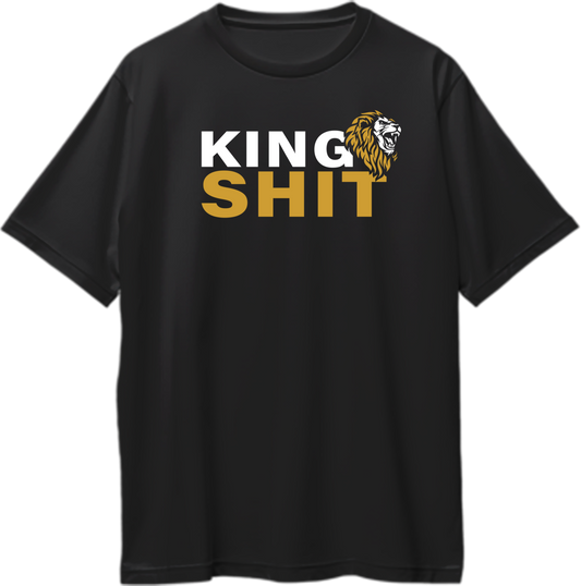 Black King Shit Oversized T-Shirt with white and gold typography and lion graphic by Garrari