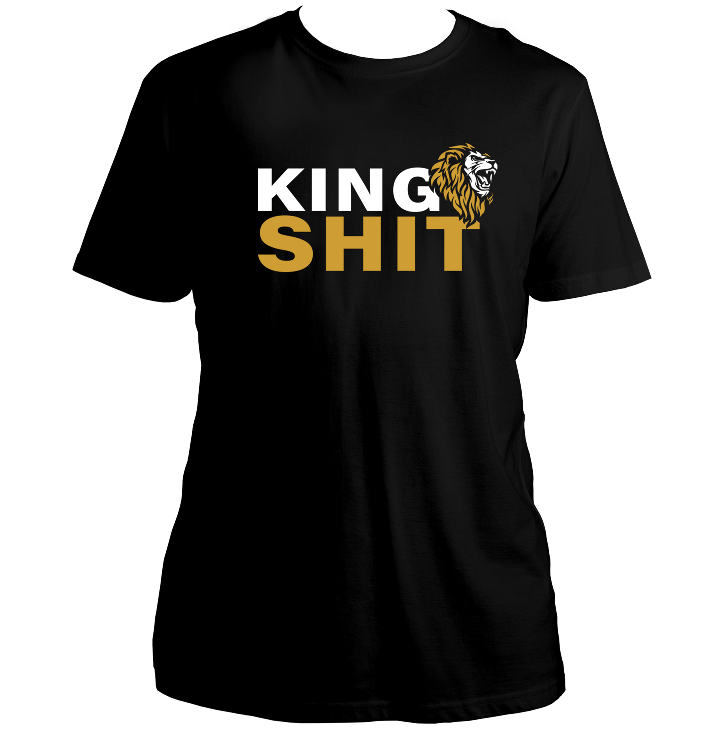 Black King Shit Unisex T-Shirt with white and gold typography and lion graphic by Garrari