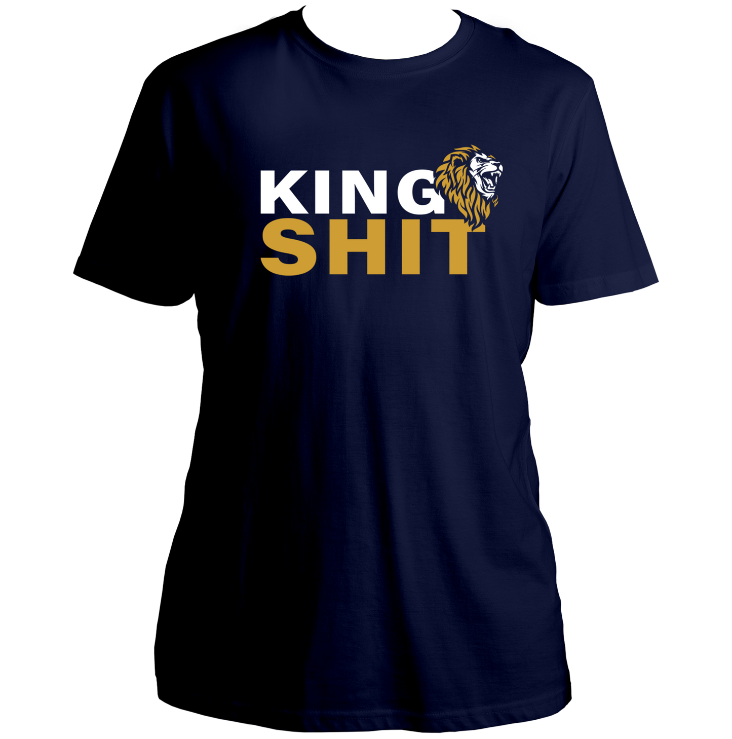 Black King Shit Unisex T-Shirt with white and gold typography and lion graphic by Garrari