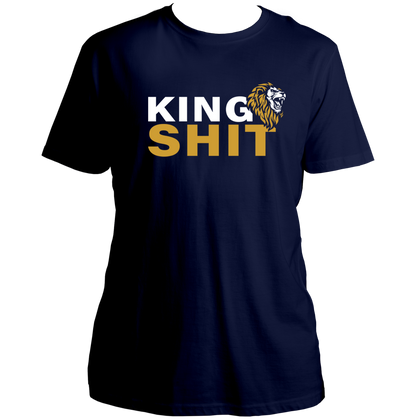 Black King Shit Unisex T-Shirt with white and gold typography and lion graphic by Garrari