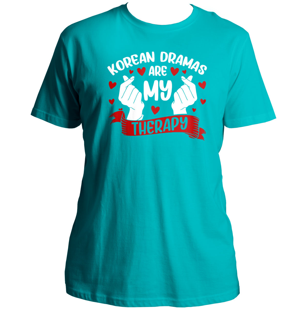 Aqua Blue Korean Dramas Are My Therapy Unisex T-Shirt with white and red finger-heart print