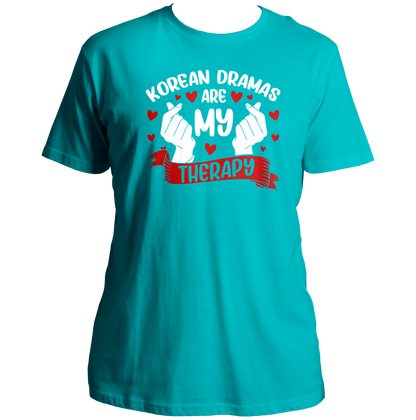 Aqua Blue Korean Dramas Are My Therapy Unisex T-Shirt with white and red finger-heart print