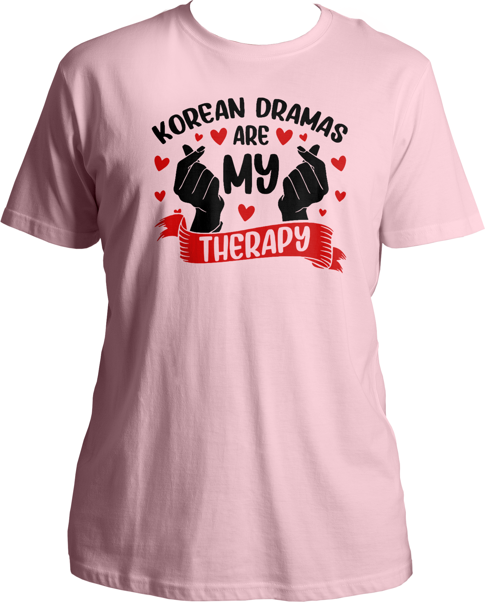 A stylish unisex t-shirt with the phrase "Korean Dramas Are My Therapy" printed on the front, perfect for K-Drama enthusiasts.