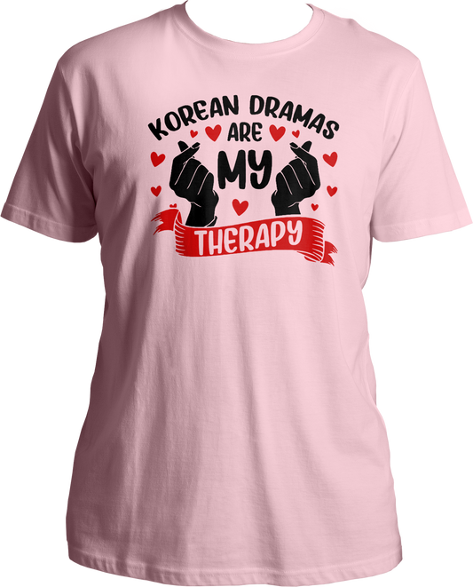 A stylish unisex t-shirt with the phrase "Korean Dramas Are My Therapy" printed on the front, perfect for K-Drama enthusiasts.