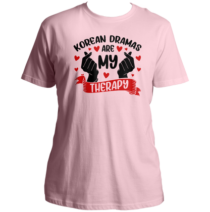 Baby Pink Korean Dramas Are My Therapy Unisex T-Shirt with black and red finger-heart print