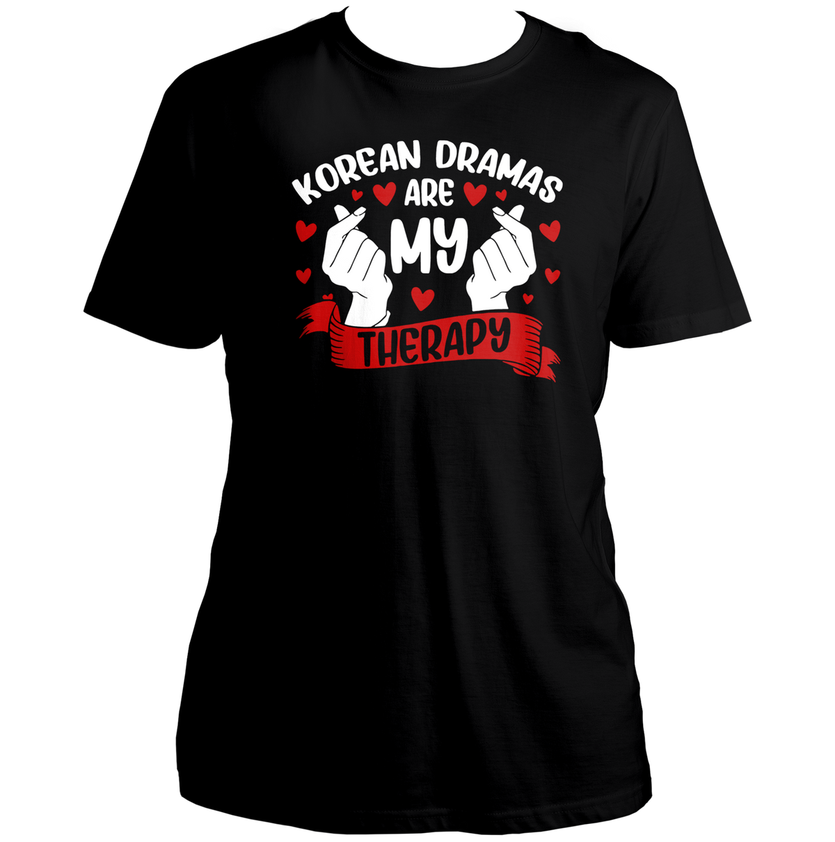 Black Korean Dramas Are My Therapy Unisex T-Shirt with white and red finger-heart print