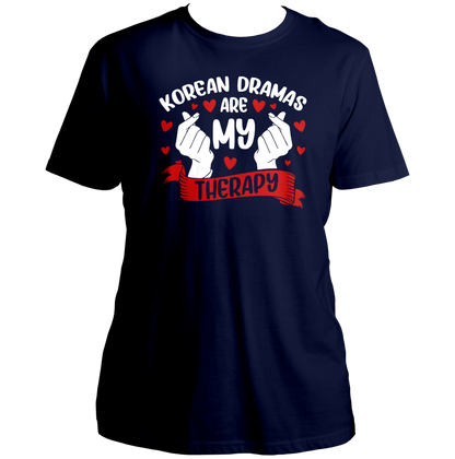 Navy Blue Korean Dramas Are My Therapy Unisex T-Shirt with white and red finger-heart print