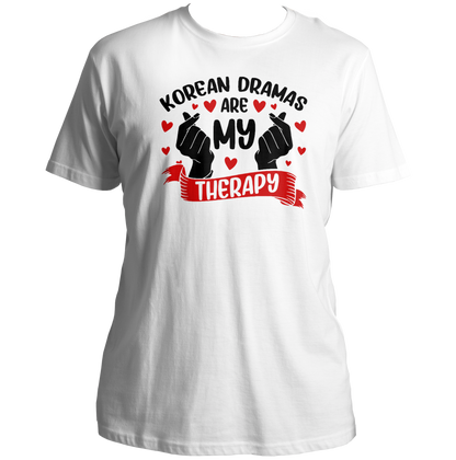 White Korean Dramas Are My Therapy Unisex T-Shirt with black and red finger-heart print