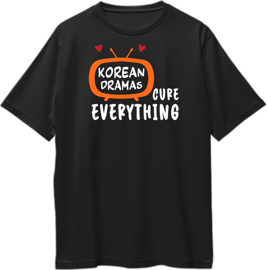 Oversized unisex t-shirt with 'Korean Dramas Cure Everything' slogan for K-drama fans.