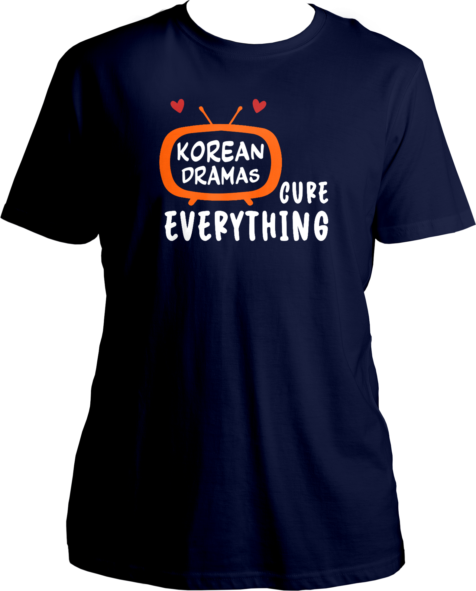 A unisex t-shirt displaying a TV graphic with "Korean Drama" inside and "cures everything" written outside, perfect for K-Drama fans.
