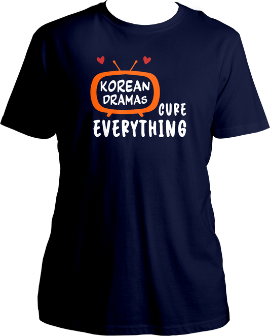 A unisex t-shirt displaying a TV graphic with "Korean Drama" inside and "cures everything" written outside, perfect for K-Drama fans.