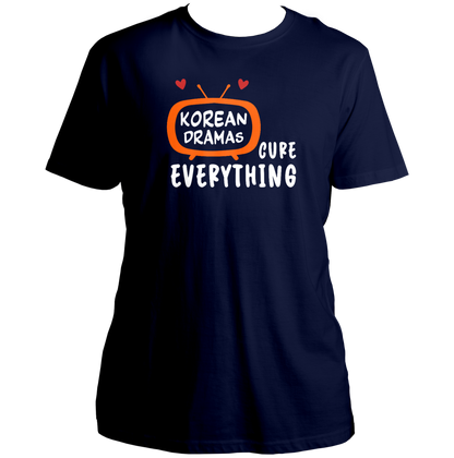 Navy Blue Korean Dramas Cure Everything Unisex T-Shirt with orange white and red K-drama TV print