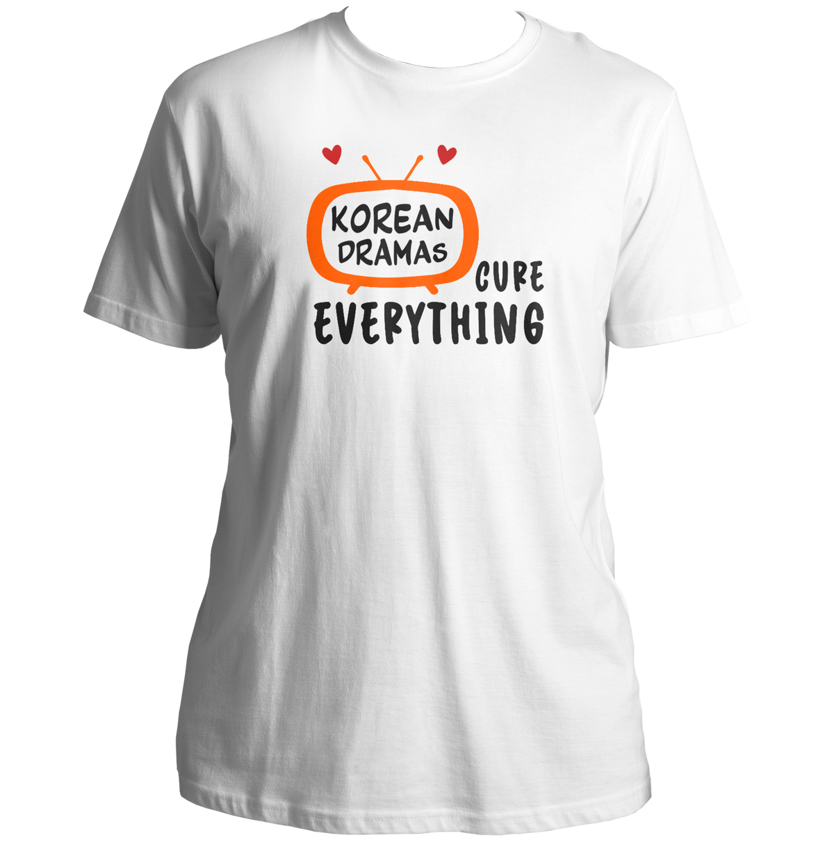 White Korean Dramas Cure Everything Unisex T-Shirt with orange black and red K-drama TV print