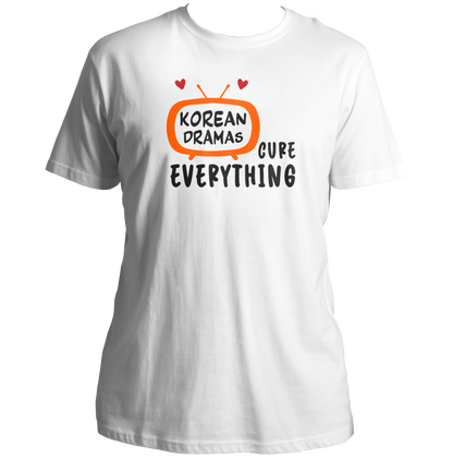 White Korean Dramas Cure Everything Unisex T-Shirt with orange black and red K-drama TV print