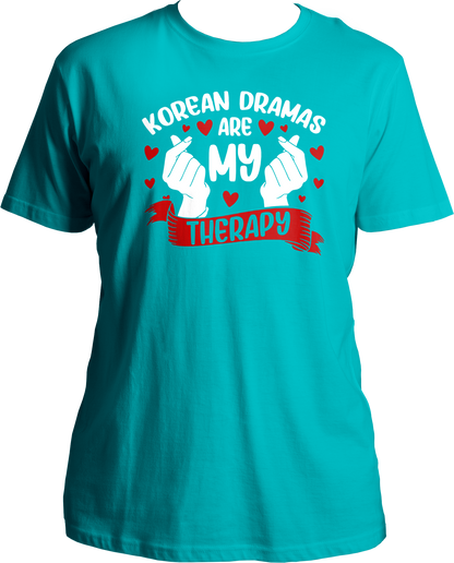 A stylish unisex t-shirt with the phrase "Korean Dramas Are My Therapy" printed on the front, perfect for K-Drama enthusiasts.