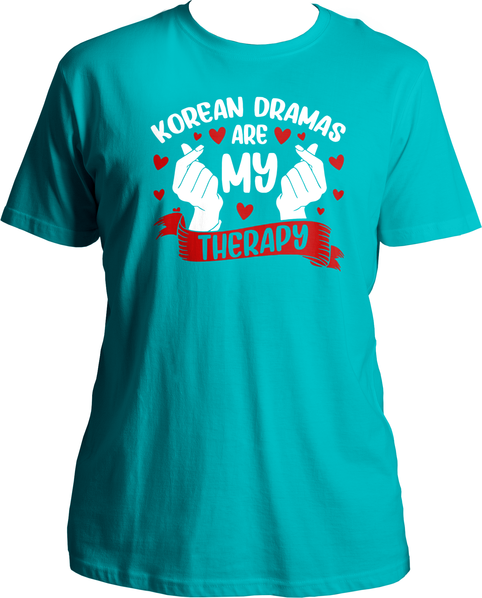 A stylish unisex t-shirt with the phrase "Korean Dramas Are My Therapy" printed on the front, perfect for K-Drama enthusiasts.