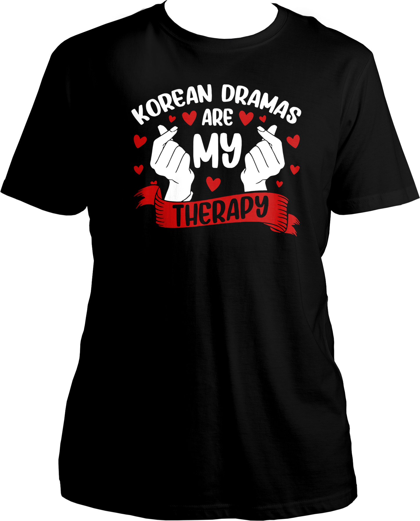 A stylish unisex t-shirt with the phrase "Korean Dramas Are My Therapy" printed on the front, perfect for K-Drama enthusiasts.