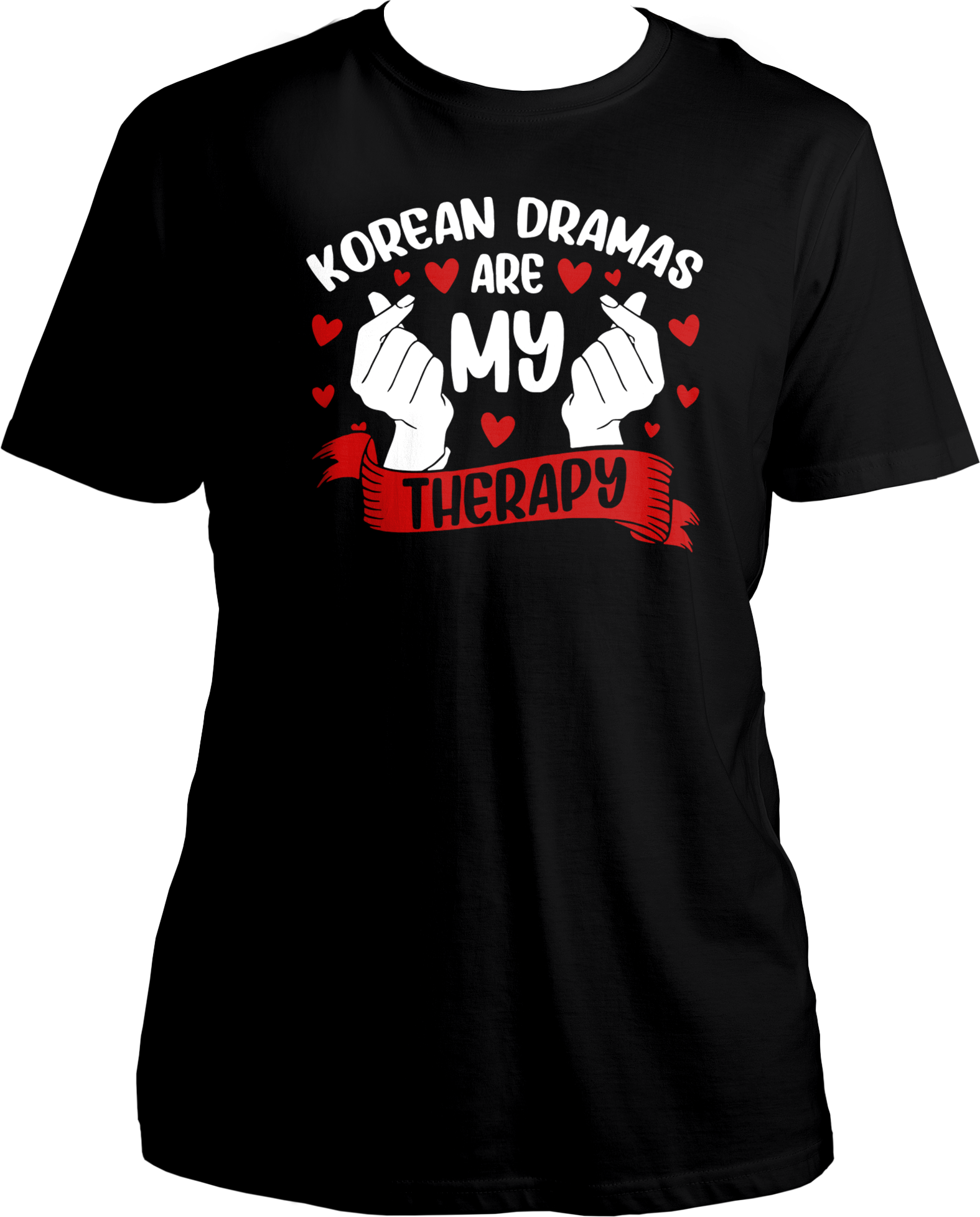 A stylish unisex t-shirt with the phrase "Korean Dramas Are My Therapy" printed on the front, perfect for K-Drama enthusiasts.