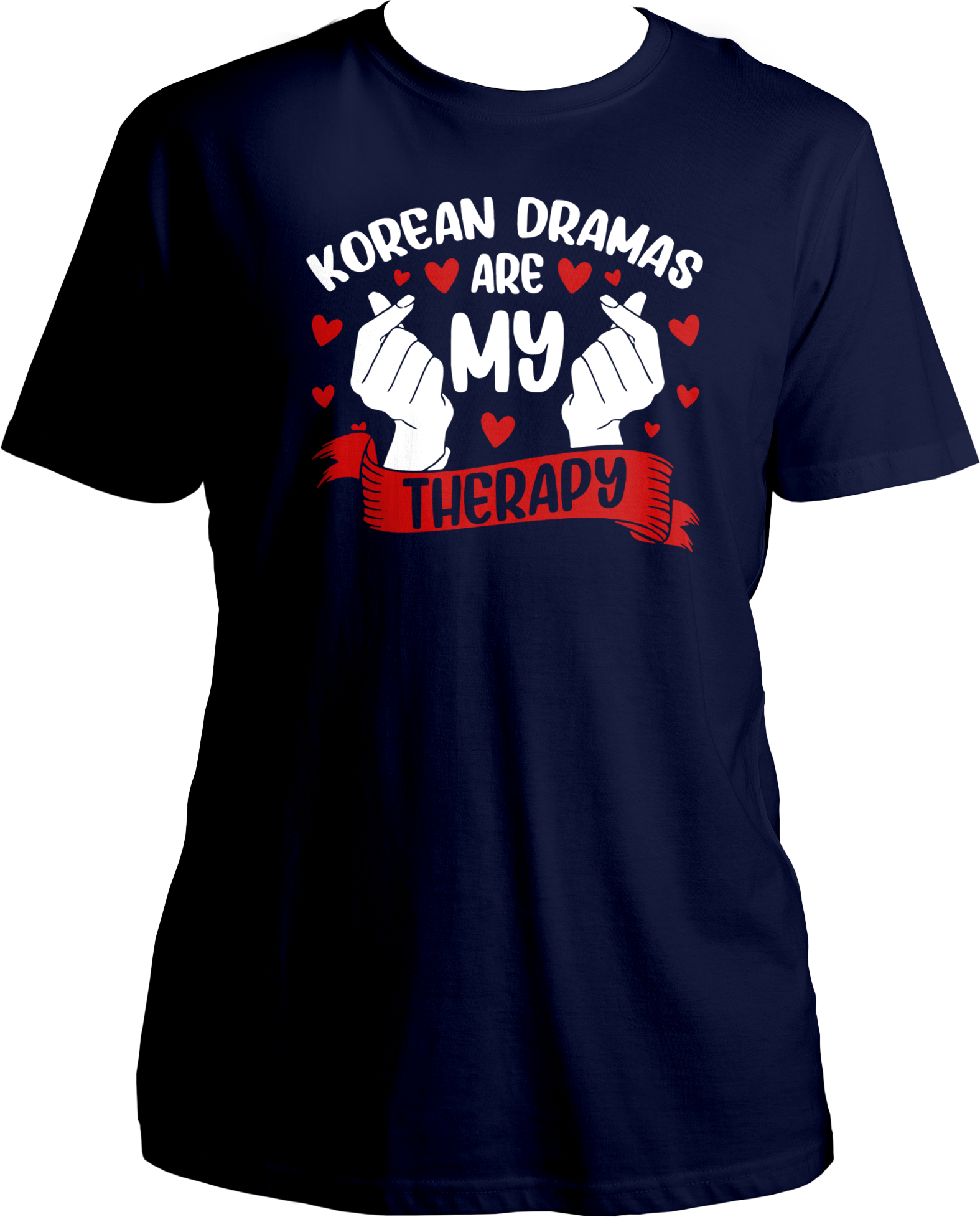 A stylish unisex t-shirt with the phrase "Korean Dramas Are My Therapy" printed on the front, perfect for K-Drama enthusiasts.